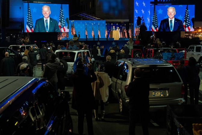 Biden speaks to supporters on election night in Wilmington, Delaware. <a  target="_blank">Biden urged patience</a> as the votes continued to be counted in several key states across the country. "We knew, because of the unprecedented early vote and the mail-in vote, it was gonna take a while," he said.