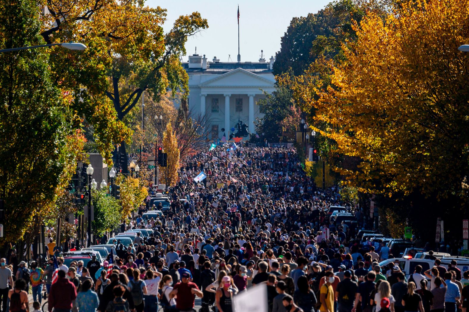 A crowd gathers in front of the White House on November 7.