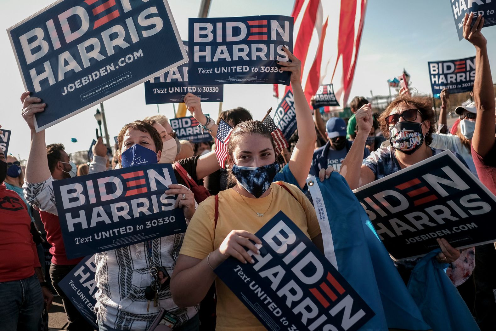 Biden supporters celebrate outside the Chase Center in Wilmington, Delaware, where Biden spoke later on November 7.