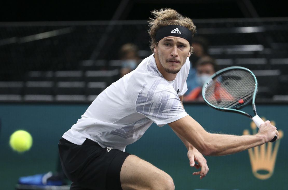 Alexander Zverev stretches for the ball in the Paris Master semfinals against Rafael Nadal .