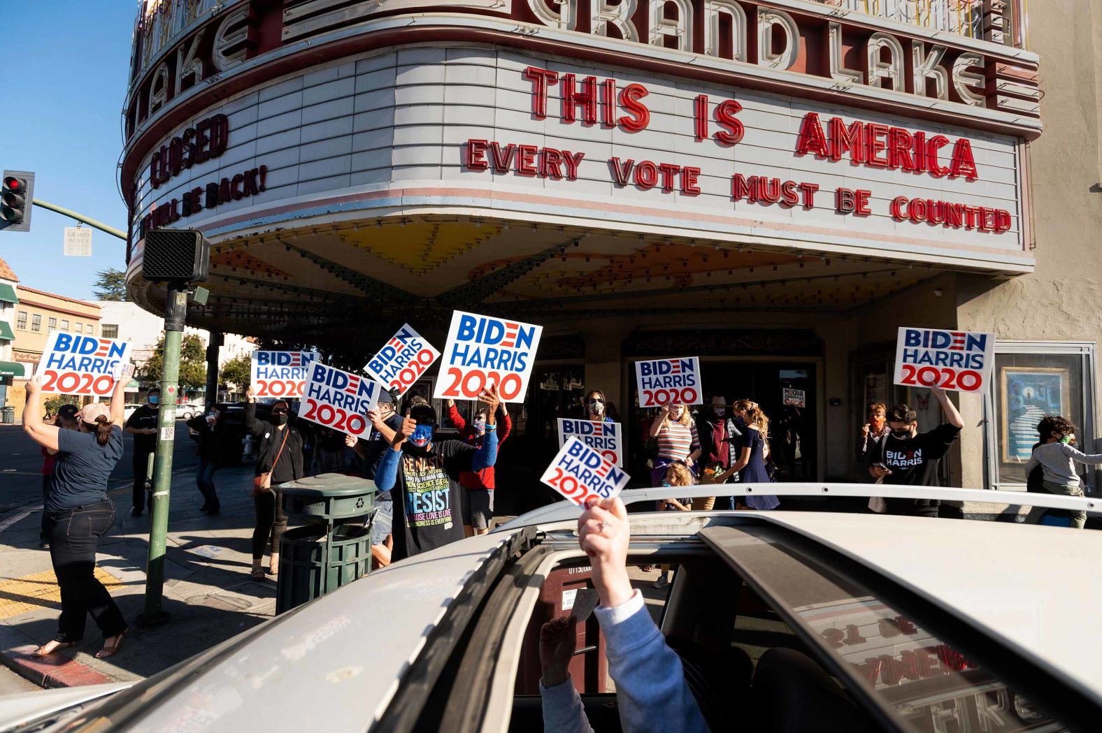 People celebrate in Oakland, California.