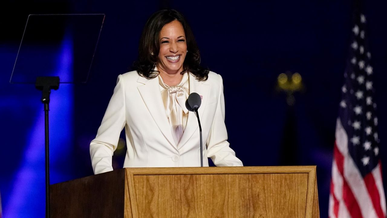 Vice President-elect Kamala Harris speaks Saturday, Nov. 7, 2020, in Wilmington, Del. (AP Photo/Andrew Harnik)