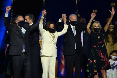 Harris and Biden are joined by their spouses after their victory speeches in Wilmington, Delaware, in November 2020.