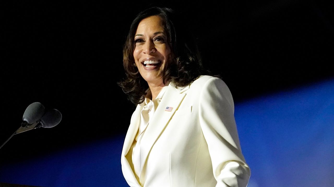 Vice President-elect Kamala Harris speaks Saturday, Nov. 7, 2020, in Wilmington, Del. (AP Photo/Andrew Harnik)