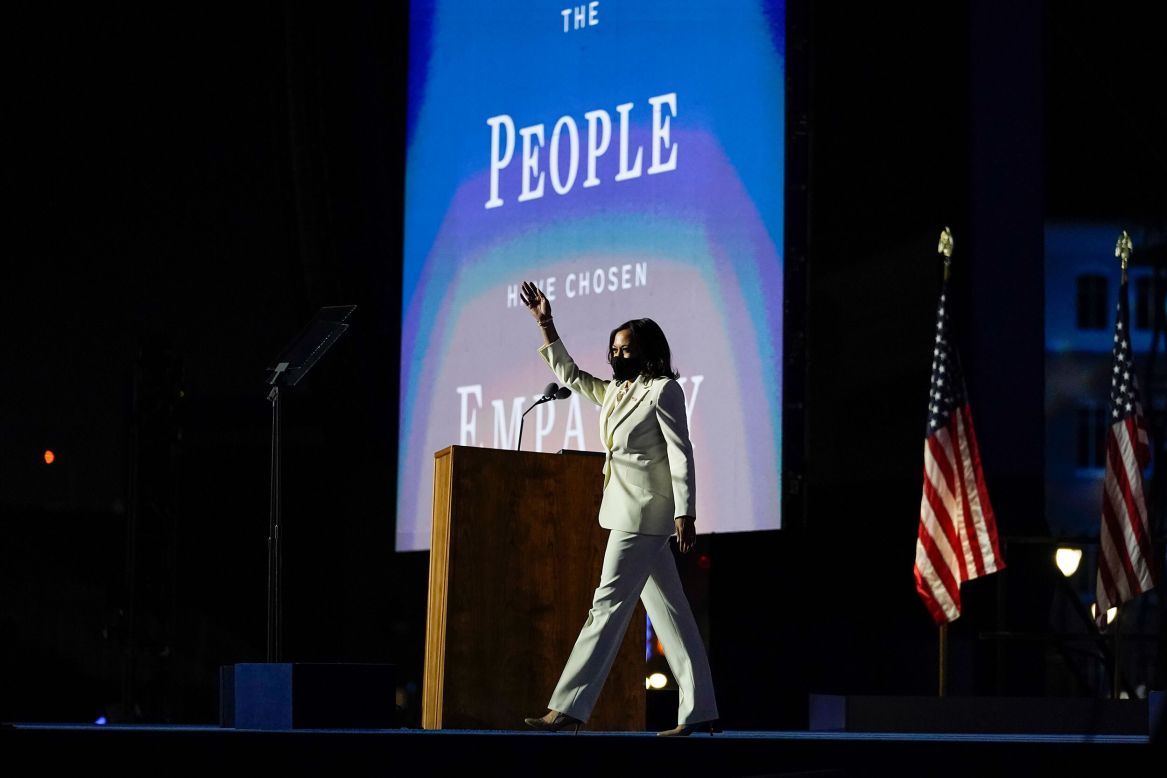 US Vice President-elect Kamala Harris arrives on stage to give a speech in Wilmington, Delaware, on Saturday, November 7. Harris is America's <a href="https://www.cnn.com/2020/11/07/politics/kamala-harris-first-vice-president-female-black-south-asian/index.html" target="_blank">first female, first Black and first South Asian vice president-elect.</a>