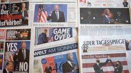BERLIN, GERMANY - NOVEMBER 08: In this photo illustration German newspaper front pages show Sunday newspapers headlines following the projection by news outlets of Joe Biden as the winner of the recent U.S. presidential election on November 08, 2020 in Berlin, Germany. German government leaders have reacted with relief and congratulations following the projected win by Democrat Joe Biden over Republic incumbent Donald Trump in the U.S. presidential election. (Photo illustration by Maja Hitij/Getty Images)