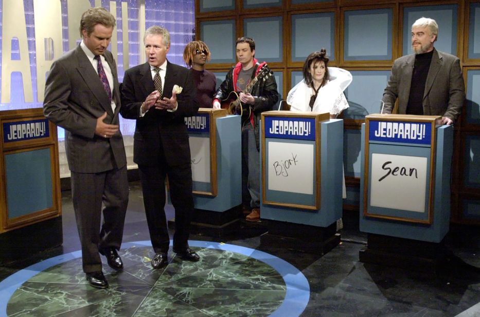 Trebek appears with cast members of "Saturday Night Live" during a "Jeopardy!" skit in May 2002. The skit featured Will Ferrell as Trebek, Alex Trebek as himself, Dean Edwards as Boyd Tinsley, Jimmy Fallon as Dave Matthews, Winona Ryder as Bjork and Darrell Hammond as Sean Connery. 