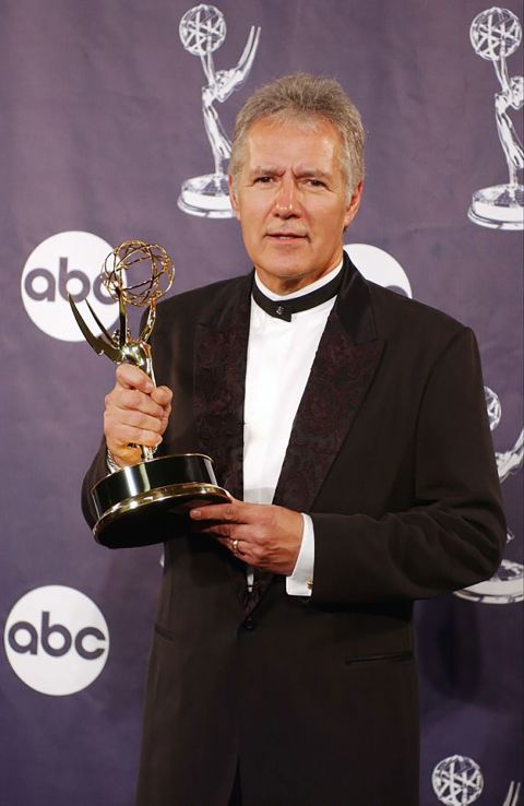 Trebek holds his Emmy after winning the Daytime Emmy Award for outstanding game show host for "Jeopardy!" on May 16, 2003.