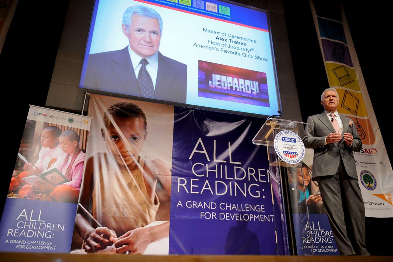 Trebek speaks at the launch of All Children Reading: A Grand Challenge for Development at the Ronald Reagan Building in Washington, DC on November 18, 2011.