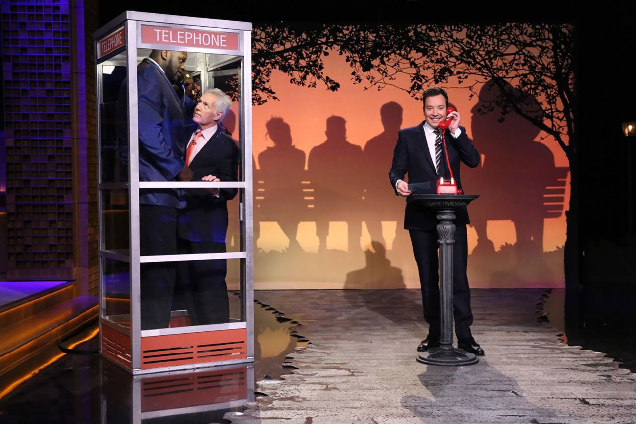 Shaquille O'Neal and Trebek guest star in the "Phone Booth" sketch with Jimmy Fallon on October 5, 2015.