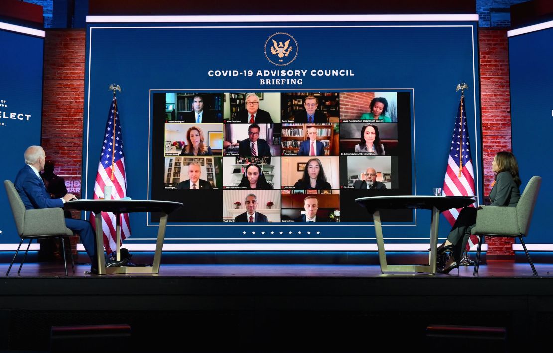 US President-elect Joe Biden (L) and US Vice President-elect Kamala Harris speak virtually with the Covid-19 Advisory Council during a briefing at The Queen theatre on November 9, 2020 in Wilmington, Delaware.