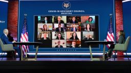 US President-elect Joe Biden(L) and US Vice President-elect Kamala Harris speak virtually with the Covid-19 Advisory Council during a briefing at The Queen theatre on November 9, 2020 in Wilmington, Delaware.