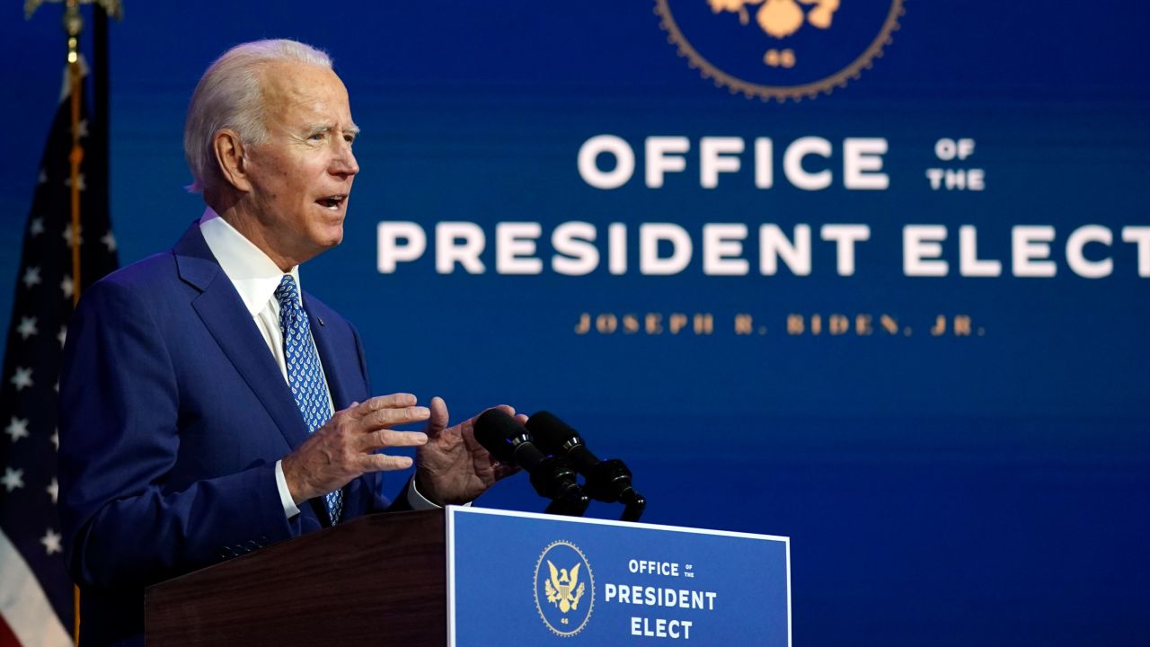 President-elect Joe Biden speaks Monday, Nov. 9, 2020, at The Queen theater in Wilmington, Del. (AP Photo/Carolyn Kaster)