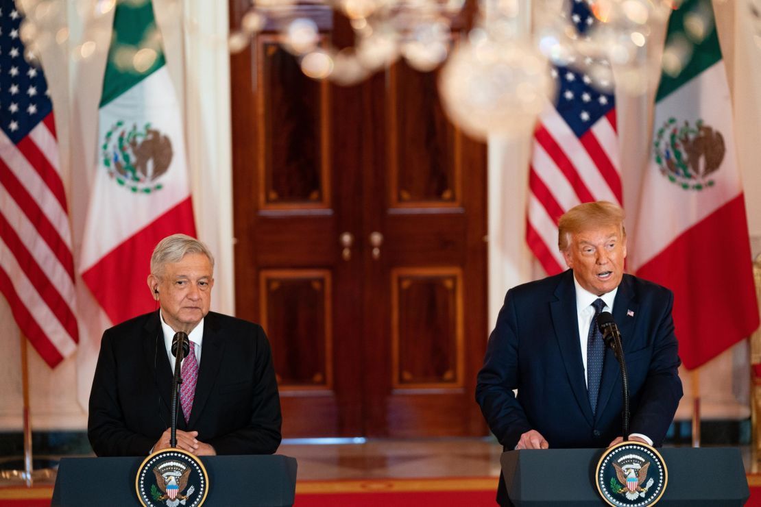 Trump and López Obrador address the media at the White House in July.