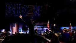Drones spell out the word Biden after an event by President-elect Joe Biden, Saturday, Nov. 7, 2020, in Wilmington, Del. (AP Photo/Andrew Harnik)