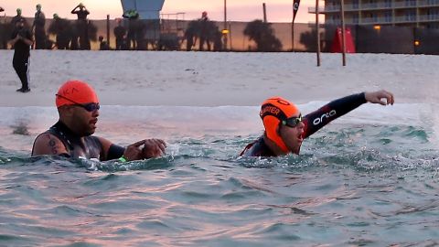 Chris Nikic begins the swimming portion of the Ironman Florida.