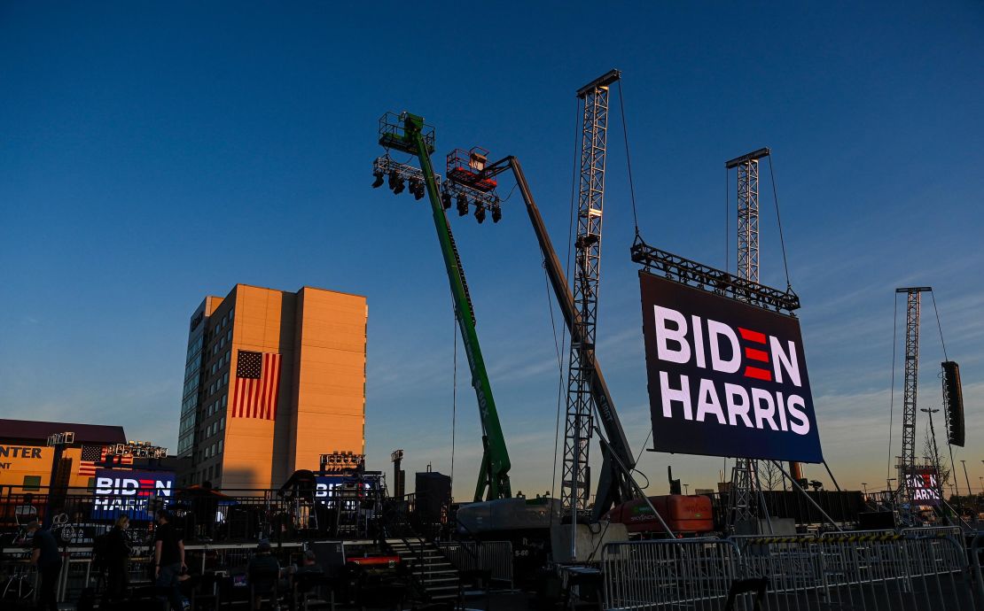 The stage in the parking lot of the Chase Center, set and waiting for Biden and Harris on Saturday, November 6.