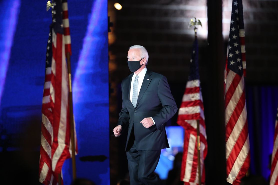 President-elect Joe Biden addresses the nation from the Chase Center November 07, 2020 in Wilmington, Delaware.