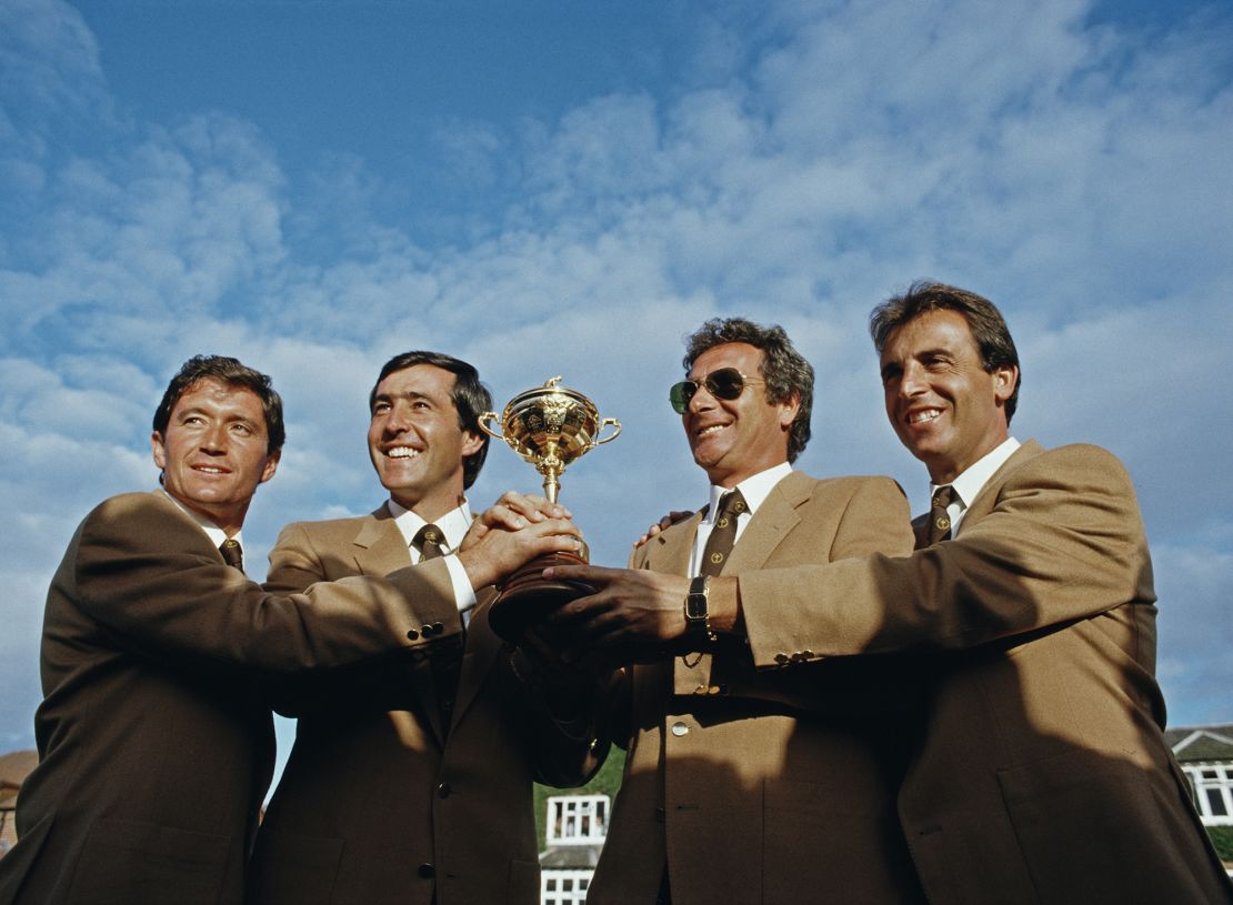 Manuel Pinero, Ballesteros, Jose Maria Canizares and Jose Rivero celebrate Europe winning the 26th Ryder Cup in 1985.