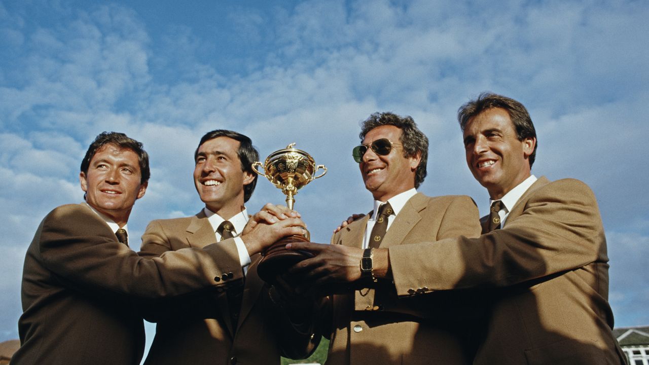 Manuel Pinero, Ballesteros, Jose Maria Canizares and Jose Rivero celebrate Europe winning the 26th Ryder Cup in 1985.