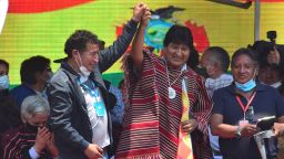 VILLAZON, BOLIVIA - NOVEMBER 09: Former president of Bolivia Evo Morales and former deputy Milton Barón greet supporters during a welcoming ceremony for Morales after he crossed the border between Bolivia and Argentina after one year in exile on November 09, 2020 in Villazon, Bolivia. Morales returns to his country after being ousted as a president and spending one year in exile in Mexico and Argentina. His return was made possible after Luis Arce of MAS (Movement Towards Socialism) won presidential elections and took office on Sunday 08. Morales had crossed to Bolivia from La Quiaca, Argentina, on Monday 09 and traveled 1,000 by land to Chimoré, same place where he had to leave on November 11th, 2019. (Photo by Reynaldo Vargas/Getty Images)