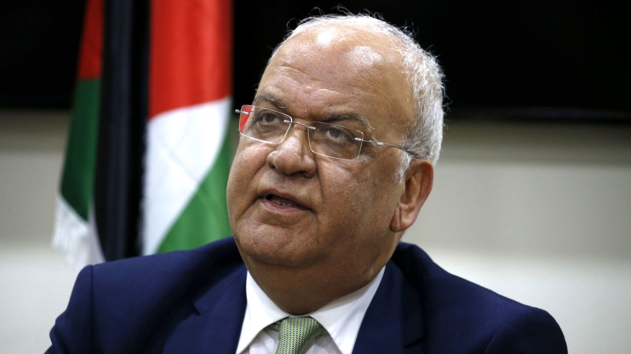 Saeb Erekat addresses the media in the West Bank city of Ramallah on January 30, 2019.