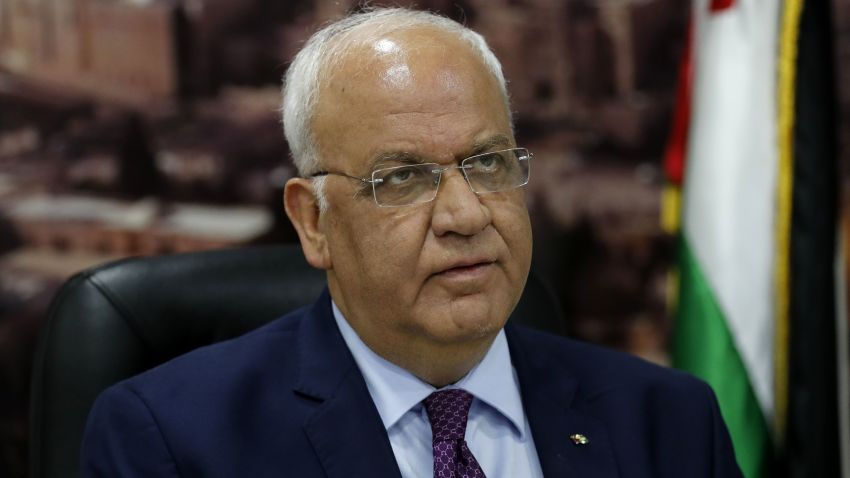 Saeb Erekat, secretary general of the Palestine Liberation Organisation, speaks to journalists in the West Bank city of Ramallah on September 1, 2018 - Palestinians reacted angrily today to a US decision to end all funding for the UN agency that assists millions of refugees, seeing it as a new policy shift aimed at undermining their cause. Chief Palestinian negotiator Saeb Erekat said the American administration was invalidating future peace talks by "preempting, prejudging issues reserved for permanent status" negotiations. (Photo by AHMAD GHARABLI / AFP)        (Photo credit should read AHMAD GHARABLI/AFP via Getty Images)