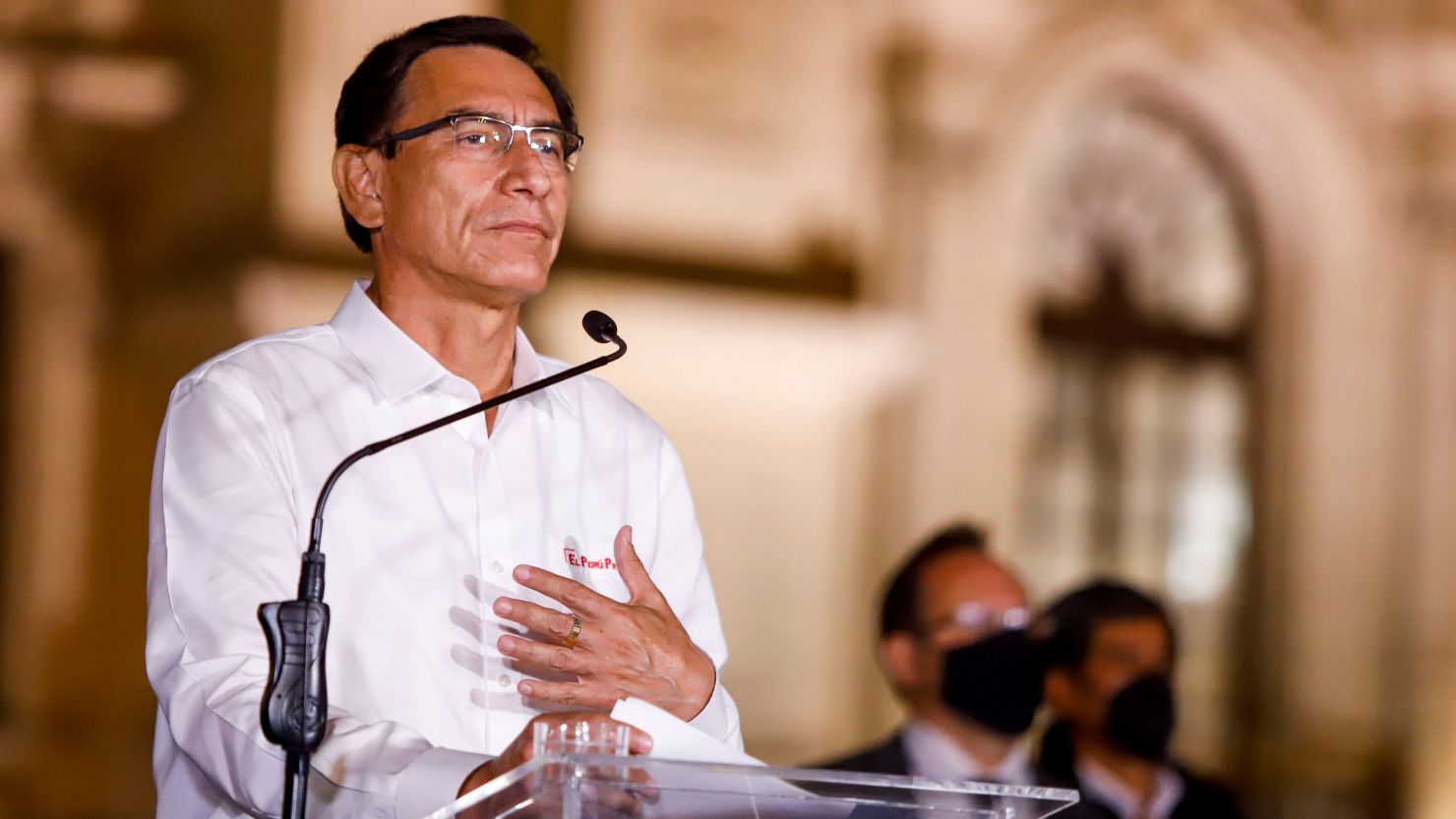 Peruvian President Martín Vizcarra as he announced that he accepted the decision of Congress and would leave the Government Palace in Lima on Monday.