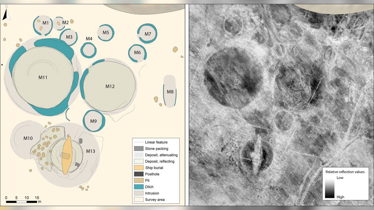 The data shows the various mounds picked up by the radar, including a big oval shaped one that researchers identified as a Viking Age ship.