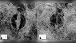 Left) aggregated GPR amplitude map of the ship burial from a depth-range of 0.3--0.5m below the ground's surface; right) amplitude map of the ship burial from a depth-range of 0.9--1.1m below the ground's surface.