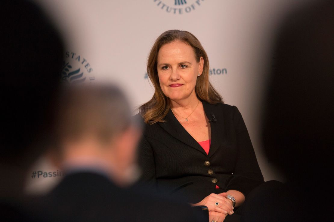Michele Flournoy, president of the Center for a New American Security, looks on during a conference on the transition of the US presidency from Obama to Trump on January 10, 2017, in Washington, DC.