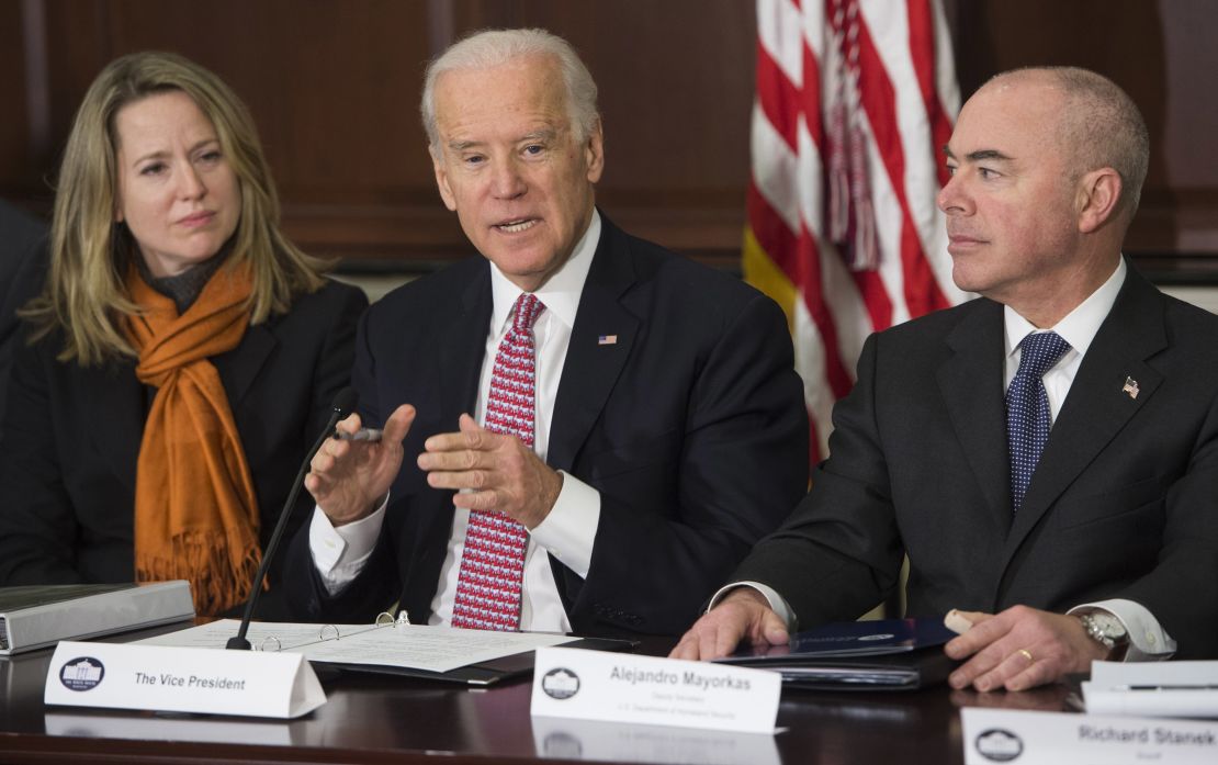 US Vice President Joe Biden speaks alongside Ali Mayorkas, Department of Homeland Security deputy secretary, on February 17, 2015, in Washington, DC. 