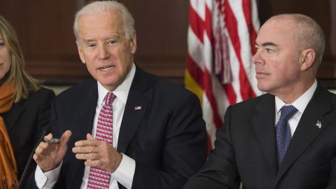 US Vice President Joe Biden speaks alongside Ali Mayorkas, Department of Homeland Security deputy secretary, on February 17, 2015, in Washington, DC. 