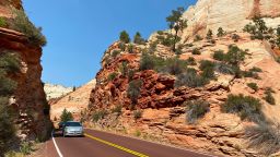 The scenic road winds through Zion National park, in Utah on August 26, 2020. 