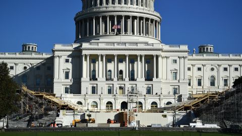 The presidential inaugural platform is under construction in front of the US Capitol as part of the West Front lawn is closed to the public November 9, 2020 on Capitol Hill in Washington, DC.
