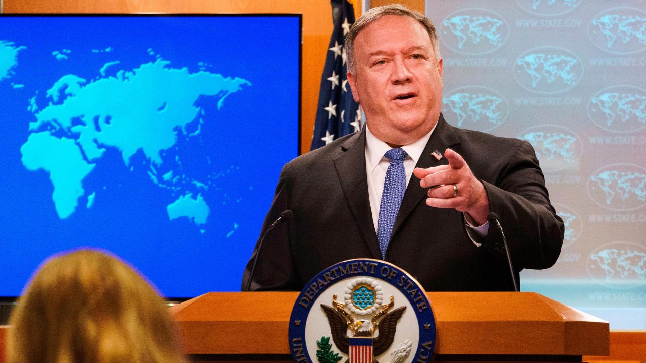 US Secretary of State Mike Pompeo gestures toward a reporter while speaking about the counting of votes in the US election during a briefing, on November 10, 2020, at the State Department in Washington,DC. Secretary of State 