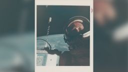 The first self-portrait in space, taken by Buzz Aldrin in 1966.