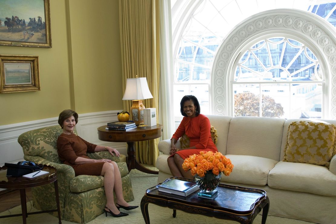 First Lady Laura Bush (L) meets with Michelle Obama in the private residence of the White House November 10, 2008 in Washington, DC. 