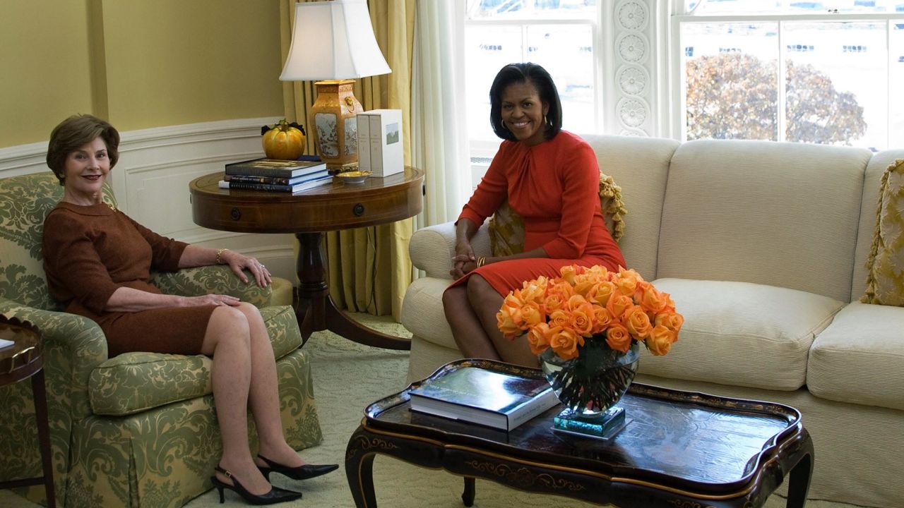 First lady Laura Bush meets with Michelle Obama in the private residence of the White House November 10, 2008.