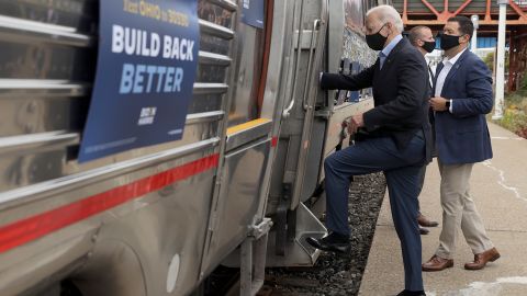 Joe Biden embarks on a train campaign tour on September 30, 2020, in Cleveland. 
