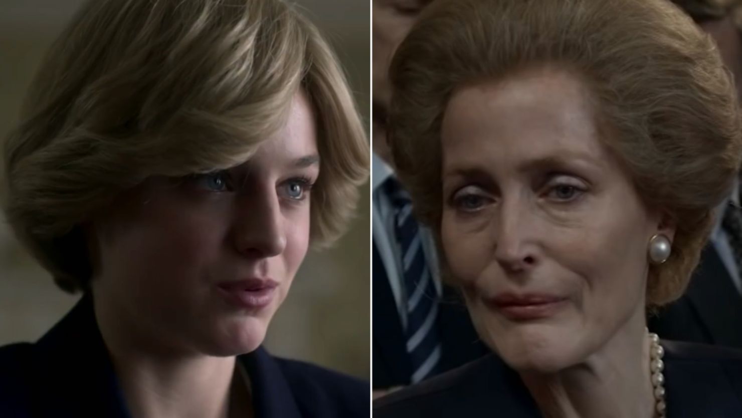 Emma Corrin, left, plays Princess Diana and Gillian Anderson plays Margaret Thatcher. 