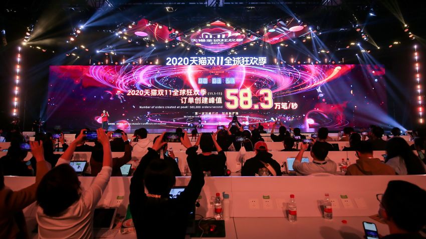A screen shows sales information during the 2020 Tmall Global Shopping Festival on Singles' Day, also known as the Double 11 shopping festival, at a media centre in Hangzhou, in eastern China's Zhejiang province on November 11, 2020. (Photo by STR / AFP) / China OUT (Photo by STR/AFP via Getty Images)