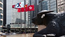 A water buffaloes sculpture created by late British artist Elisabeth Frink set in front of flags of Hong Kong, China and The Stock Exchange of Hong Kong Limited.