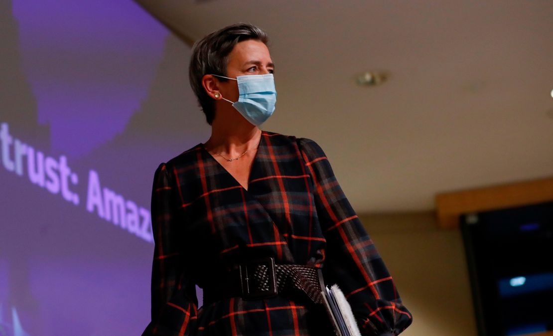 The European Commission's Margrethe Vestager arrives to give a press conference on Amazon in Brussels on Nov. 10.