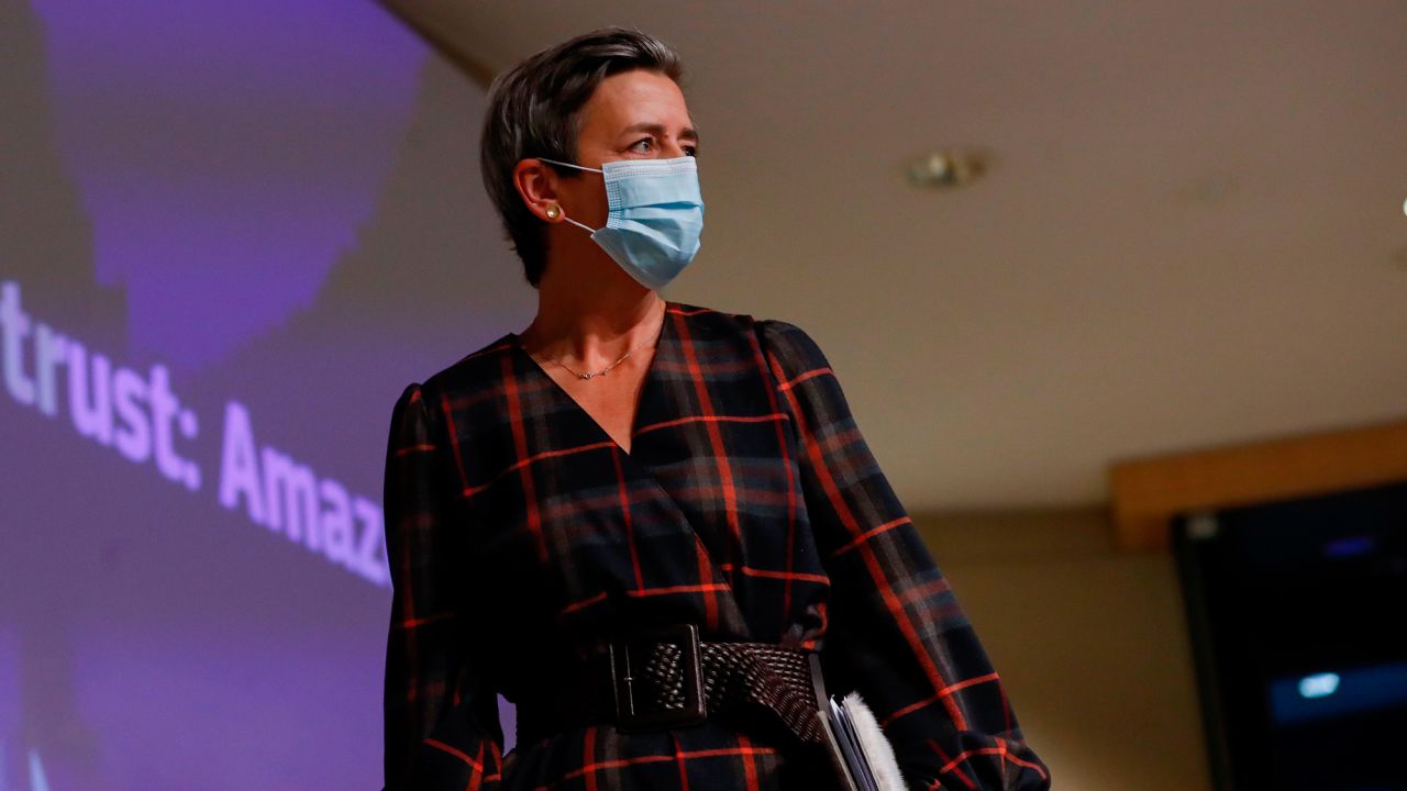 The European Commission's Margrethe Vestager arrives to give a press conference on Amazon in Brussels on Nov. 10.