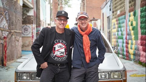 British artist Marcus Lyon poses for a photo with Detroit Blight Buster's executive director, John George.