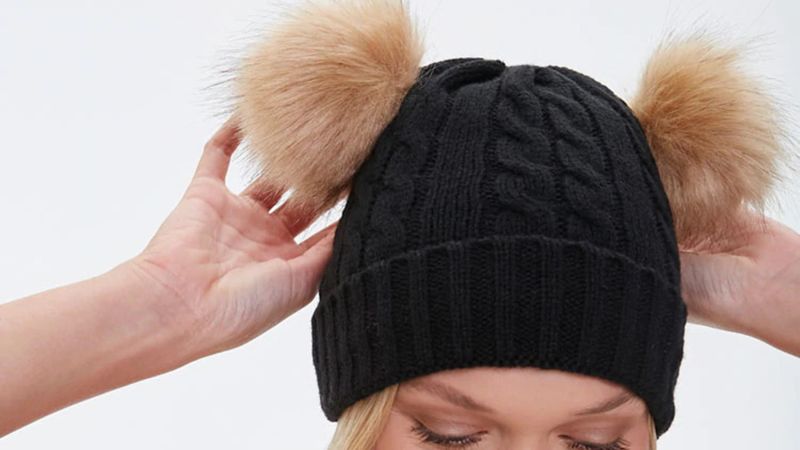 Winter Hat Cream Wool Knit Beanie Hat With Fur Pom Pom