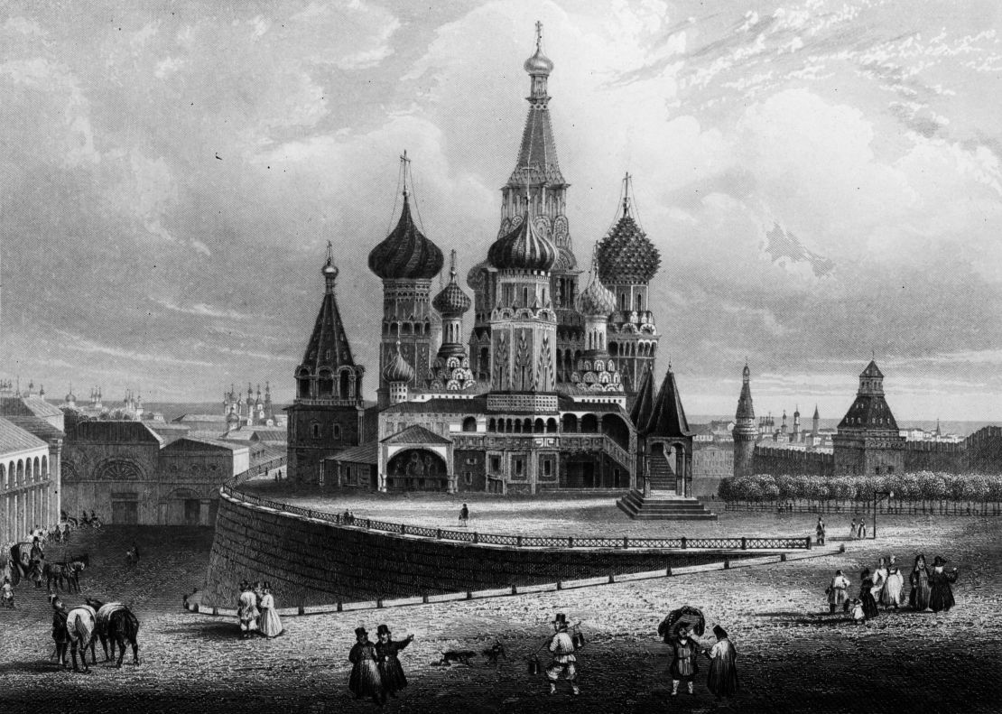 An engraving of Saint Basil's circa 1700. The cathedral was nearly blown up by Napoleon Bonaparte in 1812 and was almost demolished by Joseph Stalin in 1935.