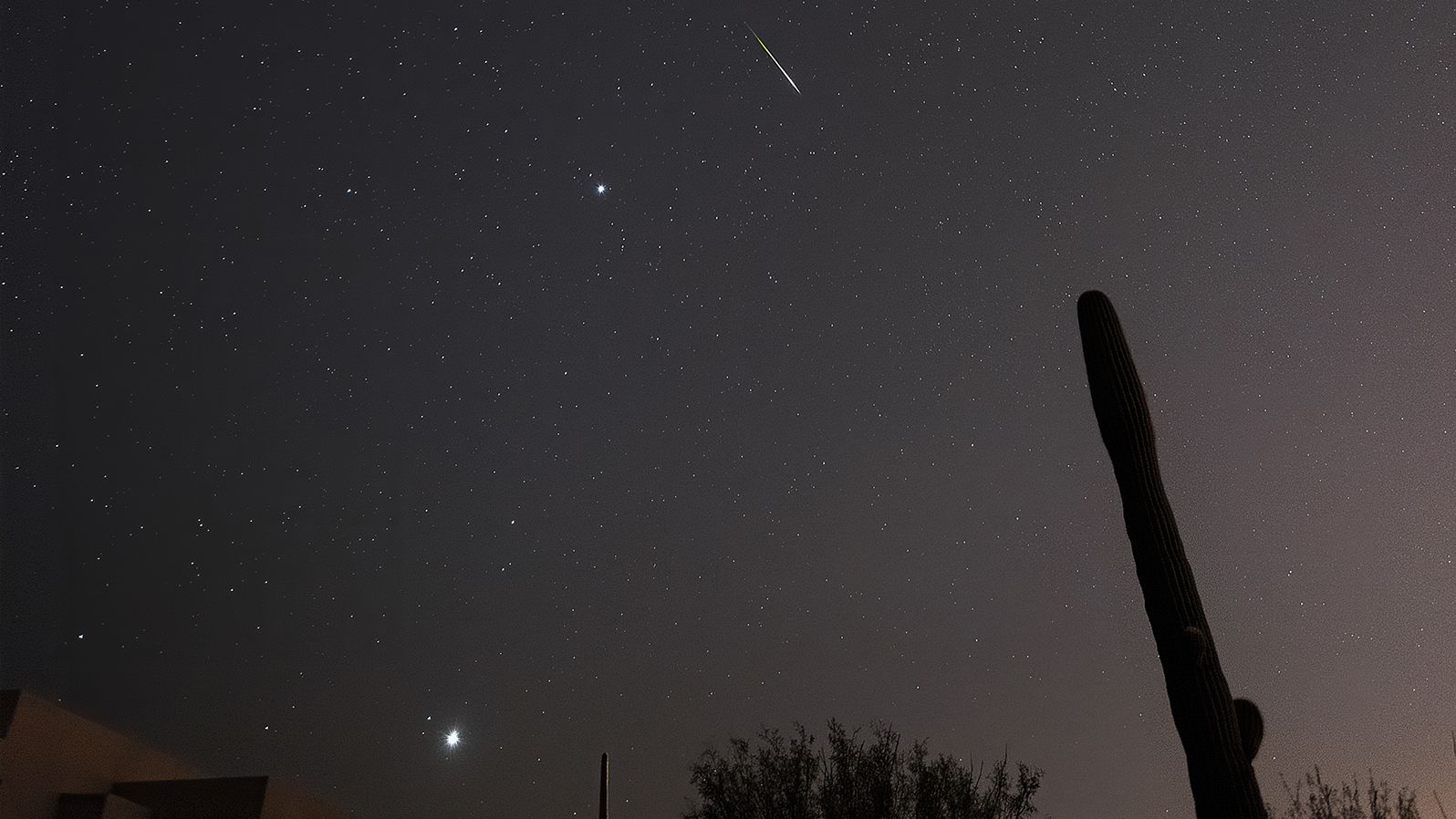 A leonid meteor shoots across the sky in Tucson, Arizona, with Jupiter and Venus visible as well. 