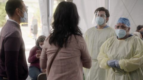 'Grey's Anatomy,' which has been renewed by ABC, has tackled coronavirus in its new season. Pictured are Jake Borelli and Chandra Wilson.